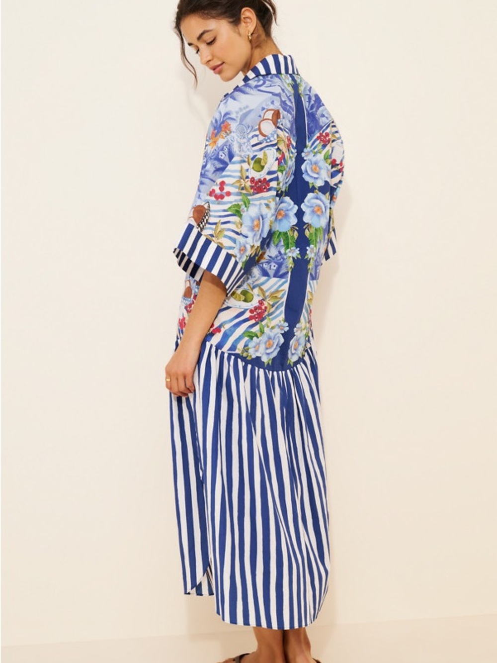 FARM Rio 100% COTTON Blue Floral & Stripe Maxi Shirt Dress - Picture 2 of 4